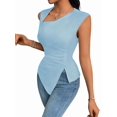 thumbnail image 3 of Womens Asymmetric Neck Slim Fit Cropped Solid Color Tshirt Elegant Basic Top Casual Chic Tee Light Blue S, 3 of 9