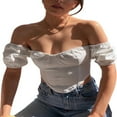thumbnail image 4 of Women Off Shoulder Cropped Shirt  Short Puff Sleeve Irregular Hem Tops, 4 of 10