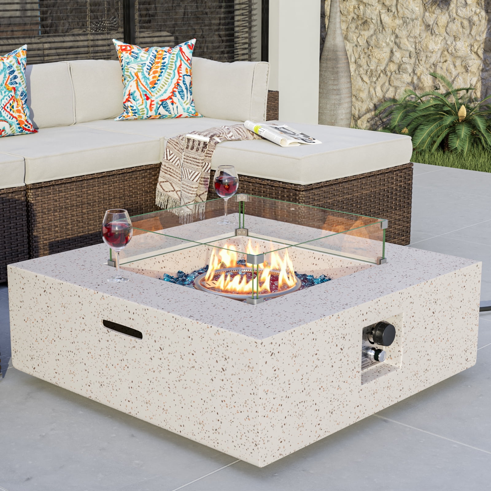 VENTOPYR Outdoor Propane Square Fire Pit Table, Terrazzo White Faux Stone 35-inch Planter Base, 50,000 BTU Stainless Steel Burner, Aqua Blue Fire Glass and Rain Cover, Metal Lid
