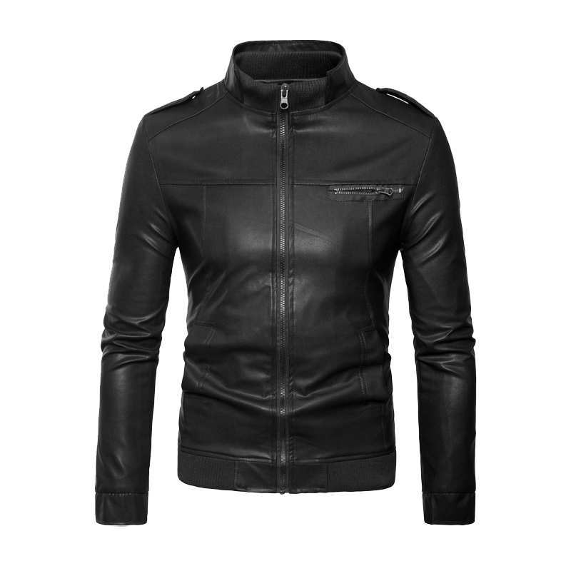 Men's Leather Jacket Black Zipper Stand Collar Slim fit Motorcycle jacket 2019 Autumn Wintter New Jacket Coat - image 1 of 5