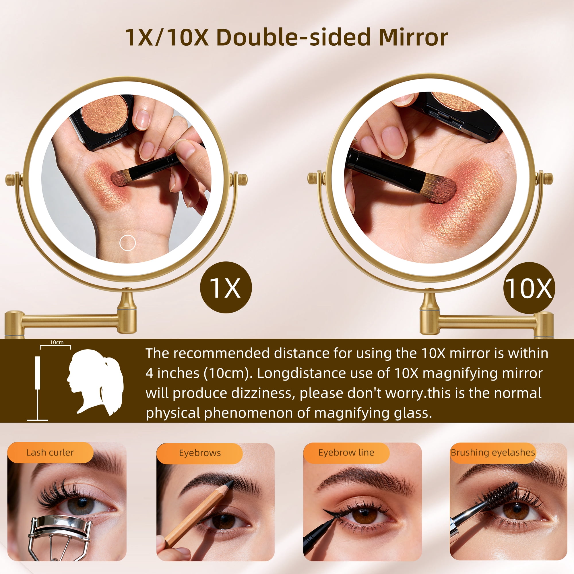 8-Inch Rechargeable Wall Mounted Makeup Mirror with LED Lights, 1X/10X Double-Sided Magnifying Mirror for Bathroom, Gold
