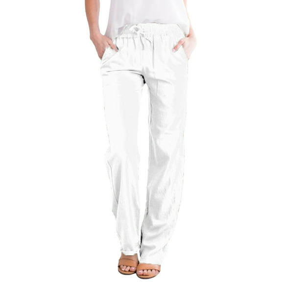 Womens Pants Women Solid Straight Solid Elastic Long Drawstring Linen Women Waist Cotton Casual Travel pants