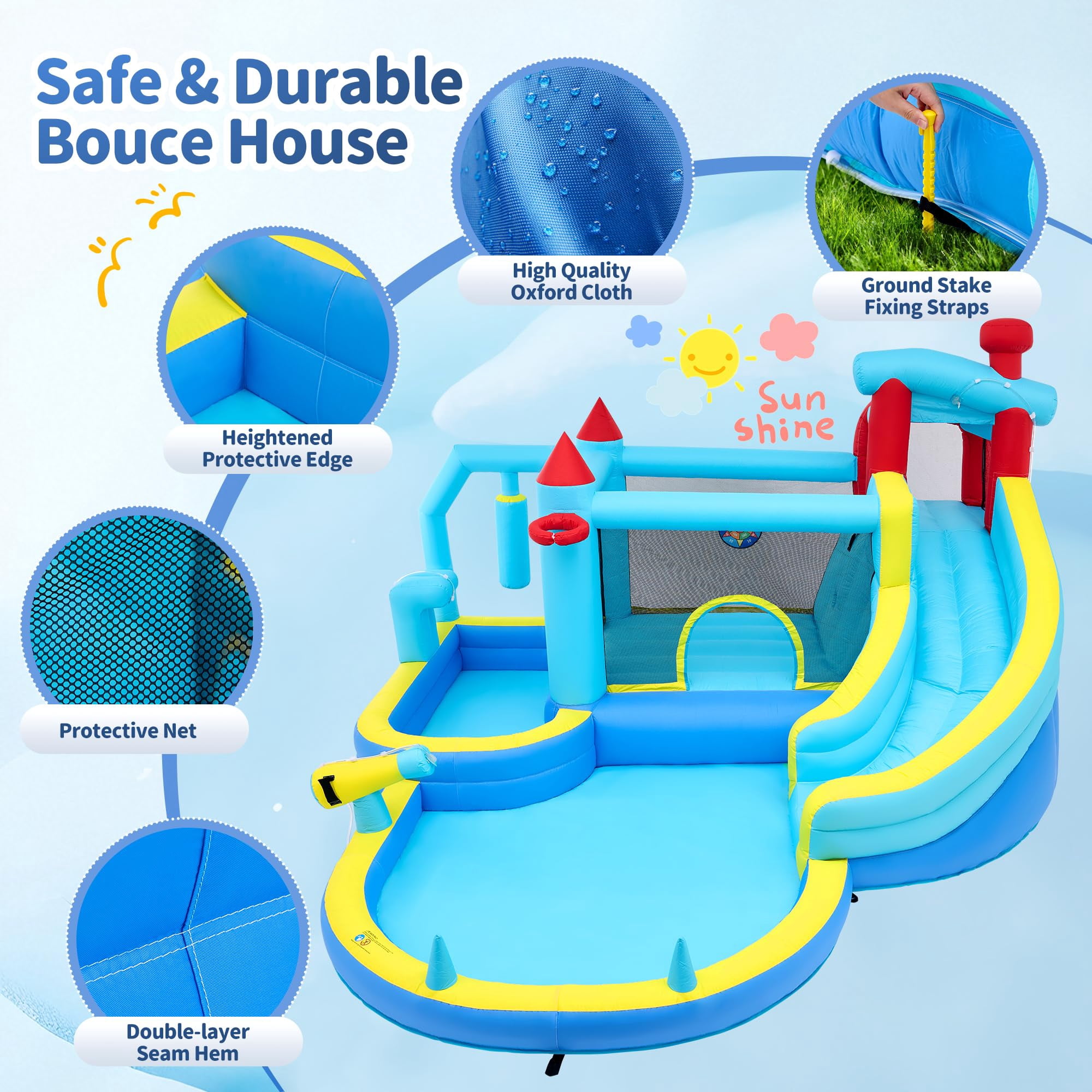 Inflatable Bounce House for Kids, Inflatable Water Slide with Blower, Climbing Wall, Jumping, Splash Pool, Basketball Hoop for Boys and Girls Indoor Outdoor Backyard