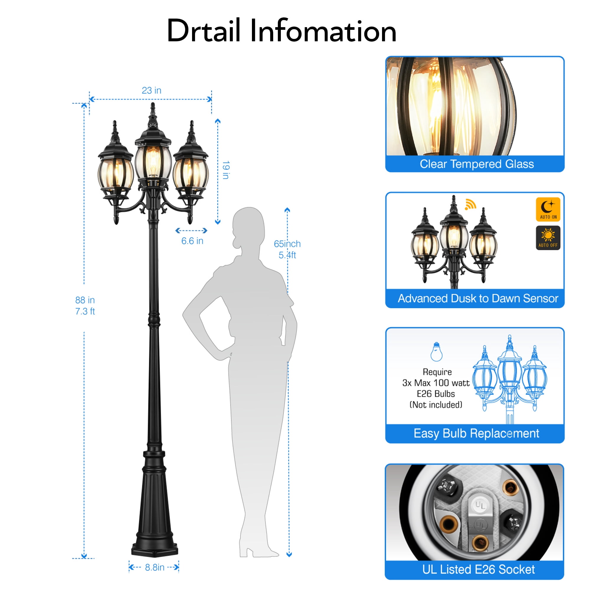 VIANIS Lamp Posts Outdoor Lighting, 3-Head Lights for Outside with E26 Socket, Dusk To Dawn Sensor Street Light With Tempered Glass Panels For Backyard, Garden, Christmas Lights