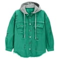 thumbnail image 4 of HomeDM Denim Jacket for Women, Button Down Long Sleeve Coat with Detachable Hood, Green, 4 of 9