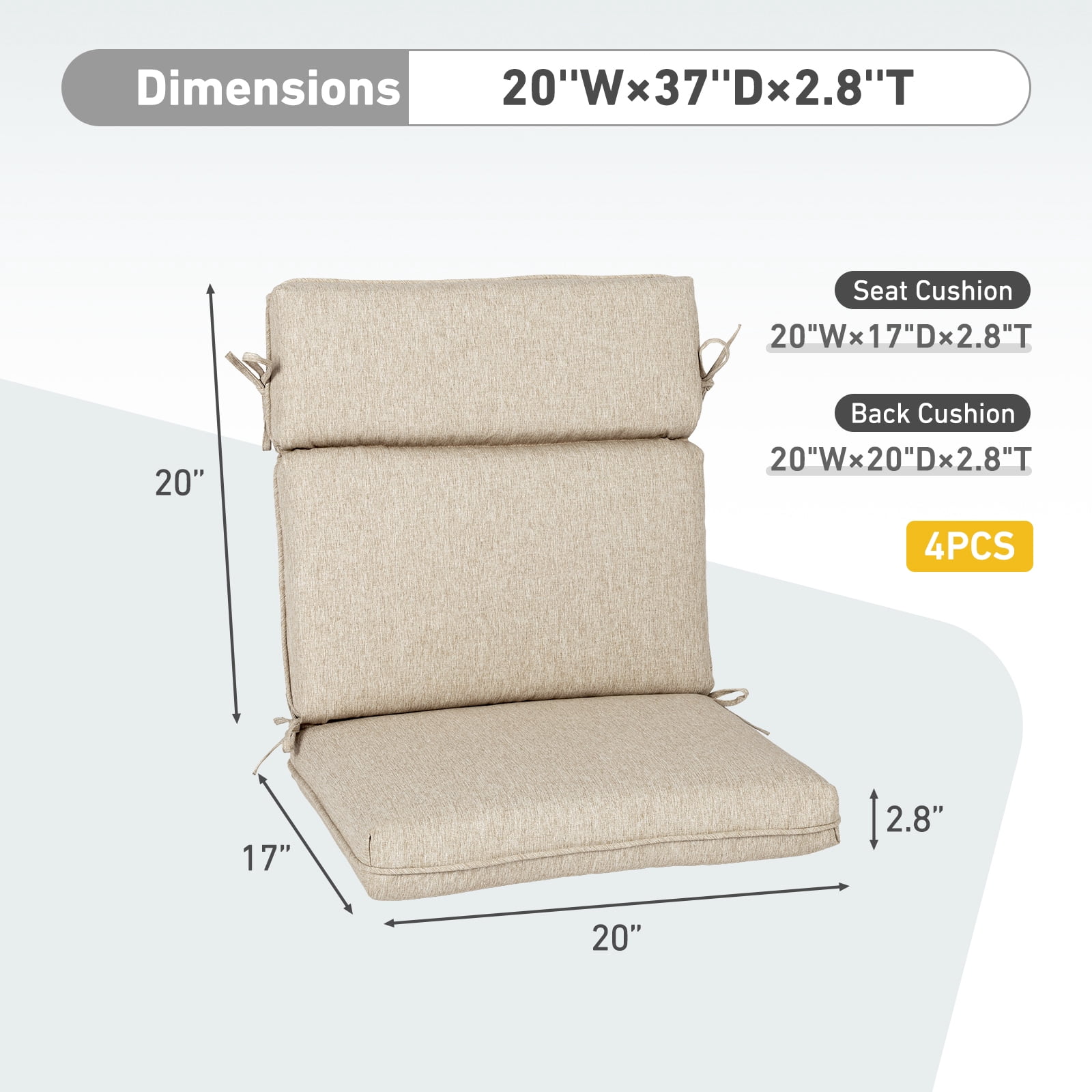 BPS Outdoor High Back Dining Chair Cushion Set, 37"x20"x2.8", TPU Water Repellent Coating&Stain Resistant, Polyester Fabric Cover with Ties and Zipper, Brown, Set of 4