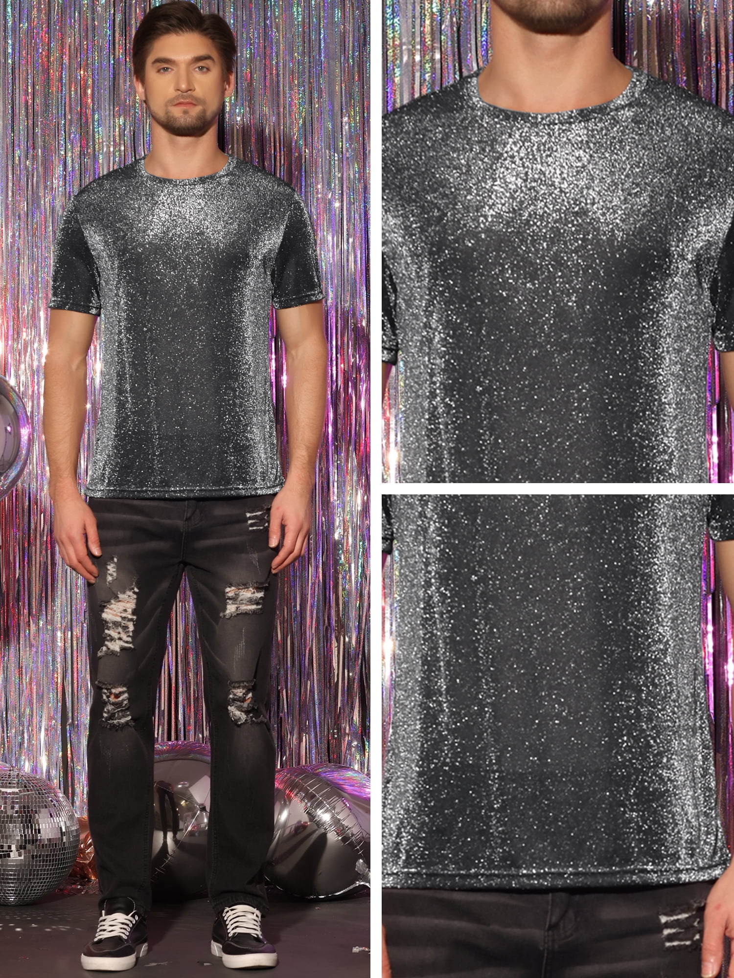 DARING DIVA Men's Shiny Sparkle Short Sleeve Crew Neck Metallic Glitter T-Shirt S Silver