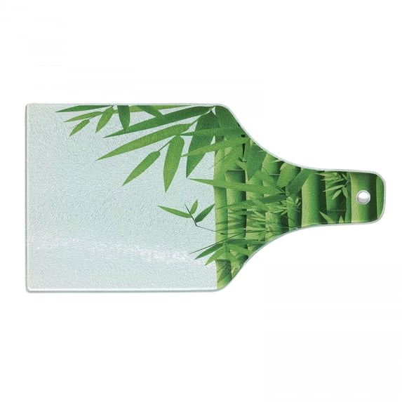 Bamboo Print Cutting Board, Modern Image of Fresh Bamboo Stems Leaves with Colors Exotic Nature Themed, Tempered Glass Cutting and Serving Board, Wine Bottle Shape, Green White, by Ambesonne