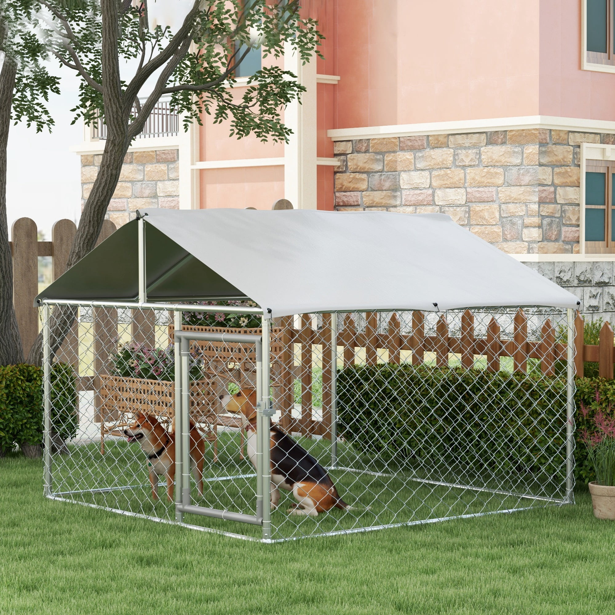 Large Outdoor Dog Kennel, Heavy Duty Galvanized Chain Link Dog Run with Waterproof Cover & Secure Lock