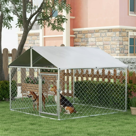 PawHut 6.6' x 6.6' x 4.9' Dog Kennel, Outdoor Dog Run with Waterproof, UV Resistant Roof for Small and Medium Dogs, Silver