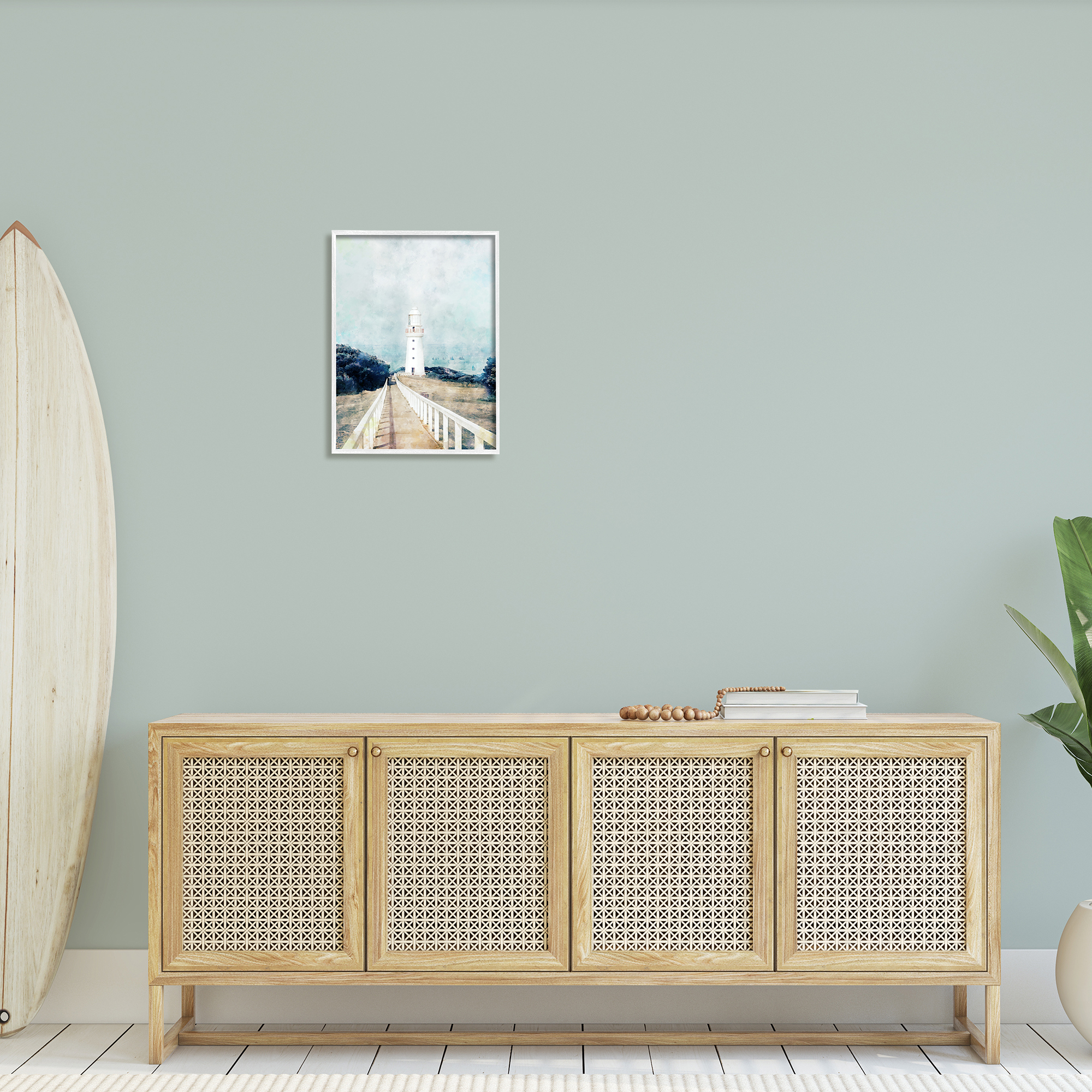 Stupell Industries White Lighthouse Boardwalk Rocky Cliff Coastal Landscape Water, 16 x 20,Design by Ziwei Li