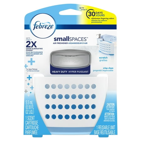 Febreze Small Spaces Air Freshener Heavy Duty Starter Kit, Crisp Clean, Includes One Reusable Unit and One Scent Cartridge