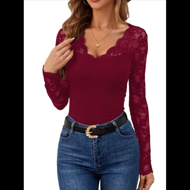 Blusa de Larga con Cuello en V y Encaje de con Bordado Floral para Mujer Vino Tinto XXL