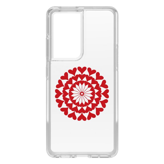 DistinctInk Clear Shockproof Hybrid Case for Galaxy S21 ULTRA 5G (6.8" Screen) - TPU Bumper Acrylic Back Tempered Glass Screen Protector - Red Hearts Mandala