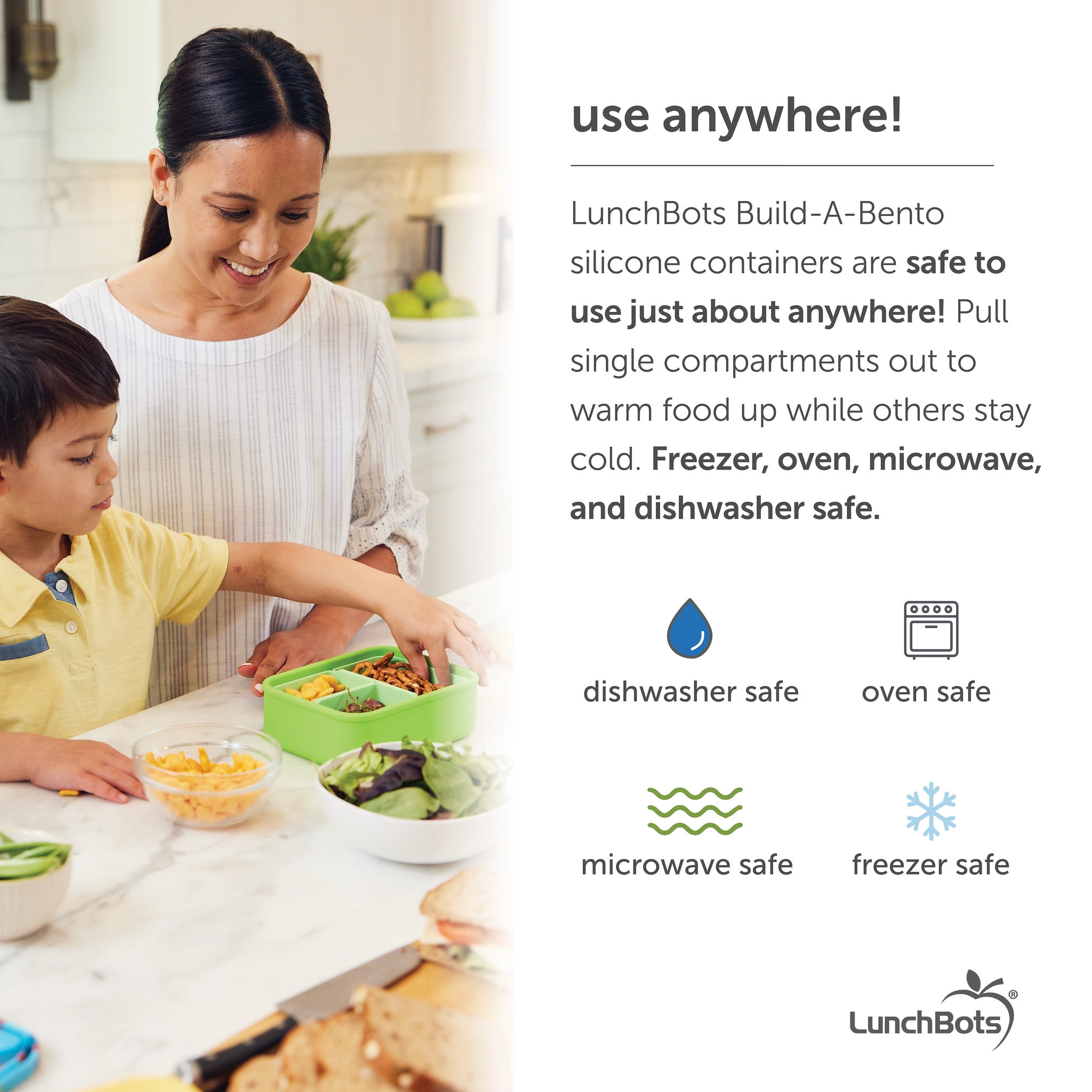 LunchBots Build -a- Bento, Platinum Food Grade Silicone Bento Box, Leak Proof, BPA Free, Oven & Dishwasher safe 32 oz Capacity - Tie Dye Light Blue