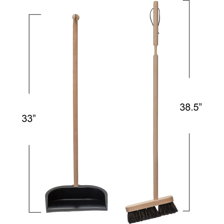Beech Wood Broom & Standing Metal Dust Pan, Natural & Black