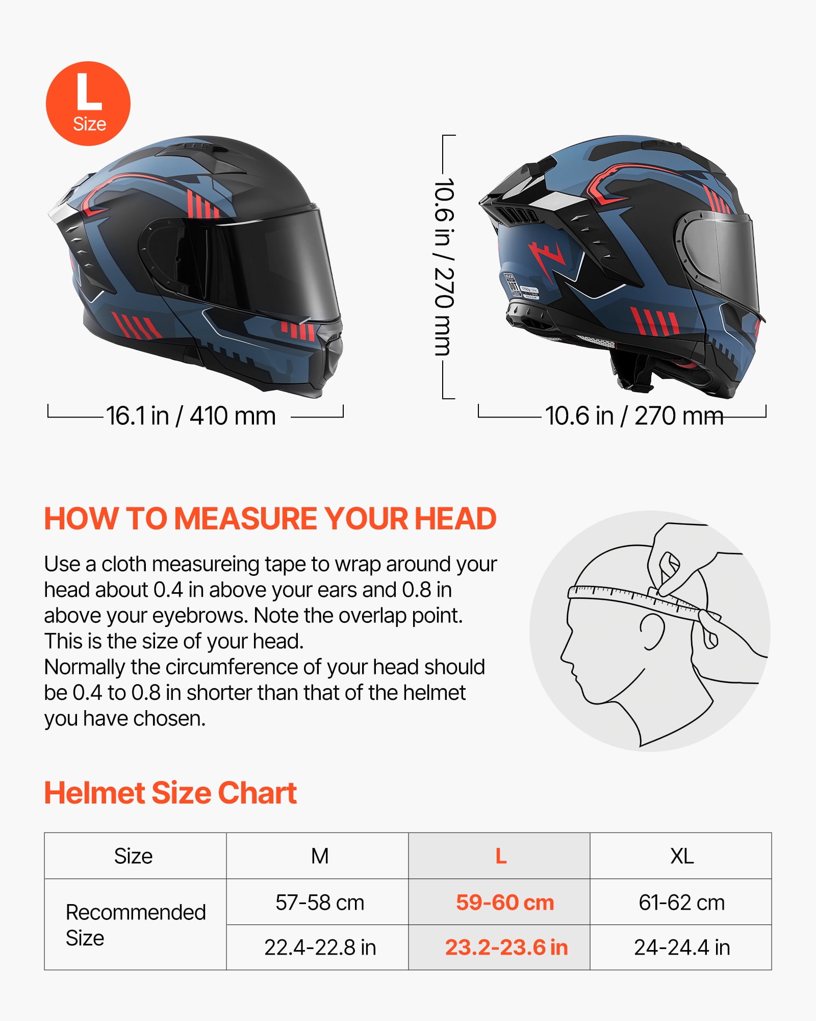 VEVOR Modular Motorcycle Helmet, Flip up Full Face Helmet with Dual Visor, Lightweight Comfortable Adult Motocross Street Bike Helmet for Men and Women - DOT & ECE Approved (L Size)