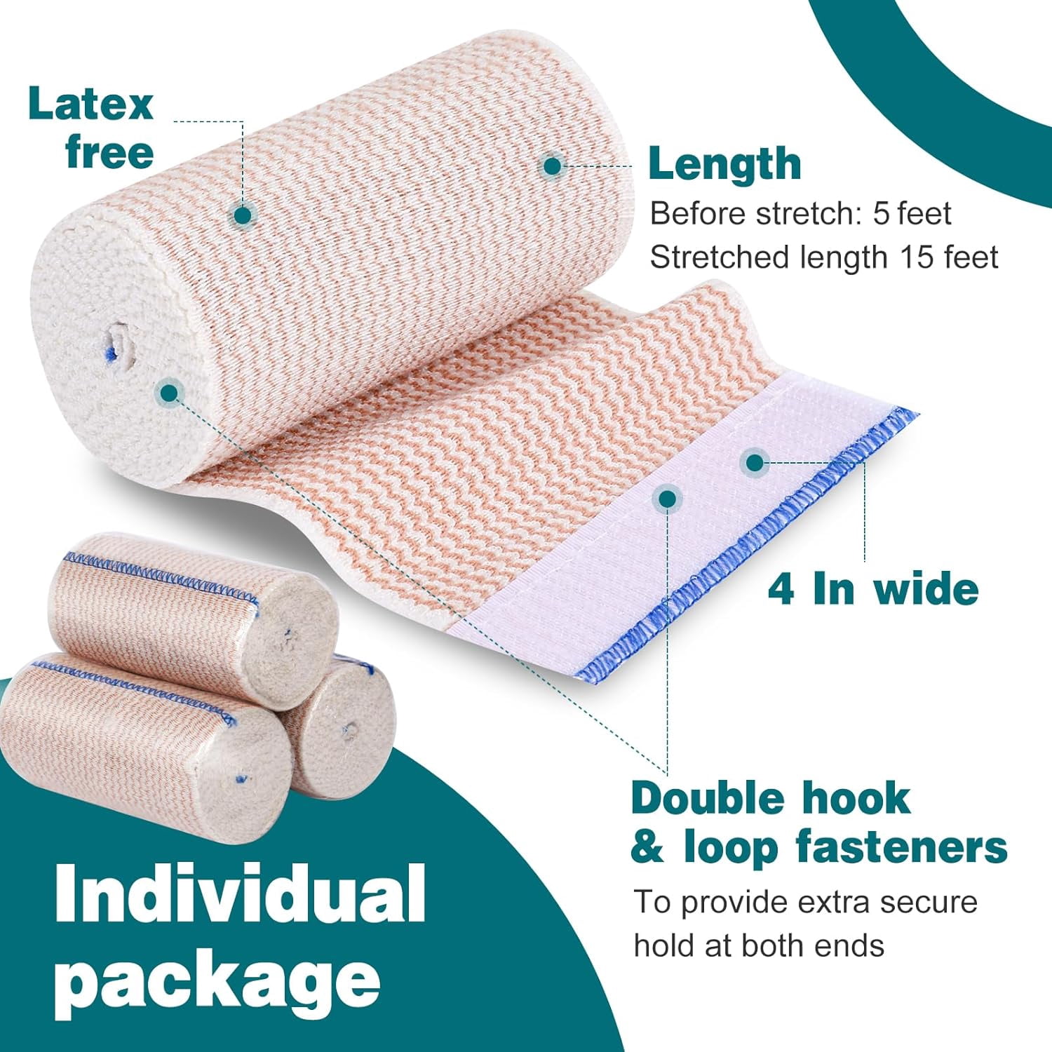 Ludolm 4 in Premium 6 Pack Elastic Bandage Wrap for Legs, Ankle, Knee, Tummy, Body Wrap, Compression Leg Wraps, Latex-Free