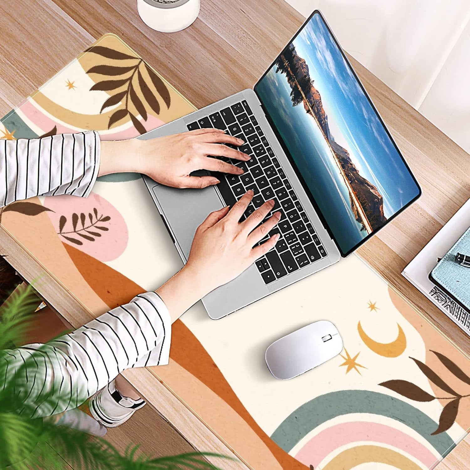 Boho Botanical Rainbow Leaves Desk Mat, Desk Accessory, Cute Workspace, Trendy Workspace, Trendy, 35.4x15.7in Large Gaming Mouse Pad, Cute Desk Topper, Pretty Desk Pad