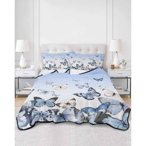 Quilts King Size, Blue Butterflies Soft Comforter Bedding Set for Bed, Elegant Pastoral Watercolor Lightweight Quilted Bedspread with Pillow Cover(2 Pieces) for All Season, 96x106 Inch