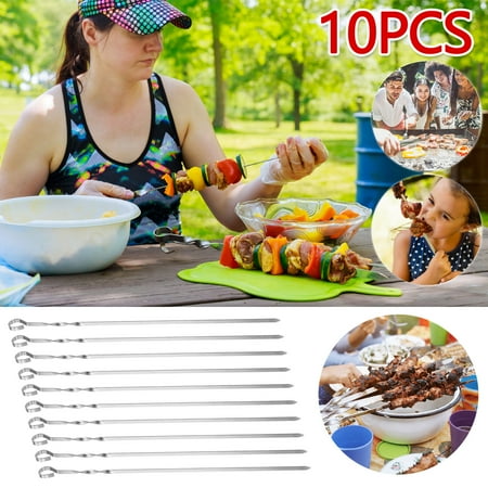 

PEONAVET 10 Pieces Of Cloth Bag Grilled Skewers Threaded Stainless Steel Large Flat Grilled Sticks Outdoor Grilled Lamb Skewers BBQ Grilled Needle Barbecue Skewers