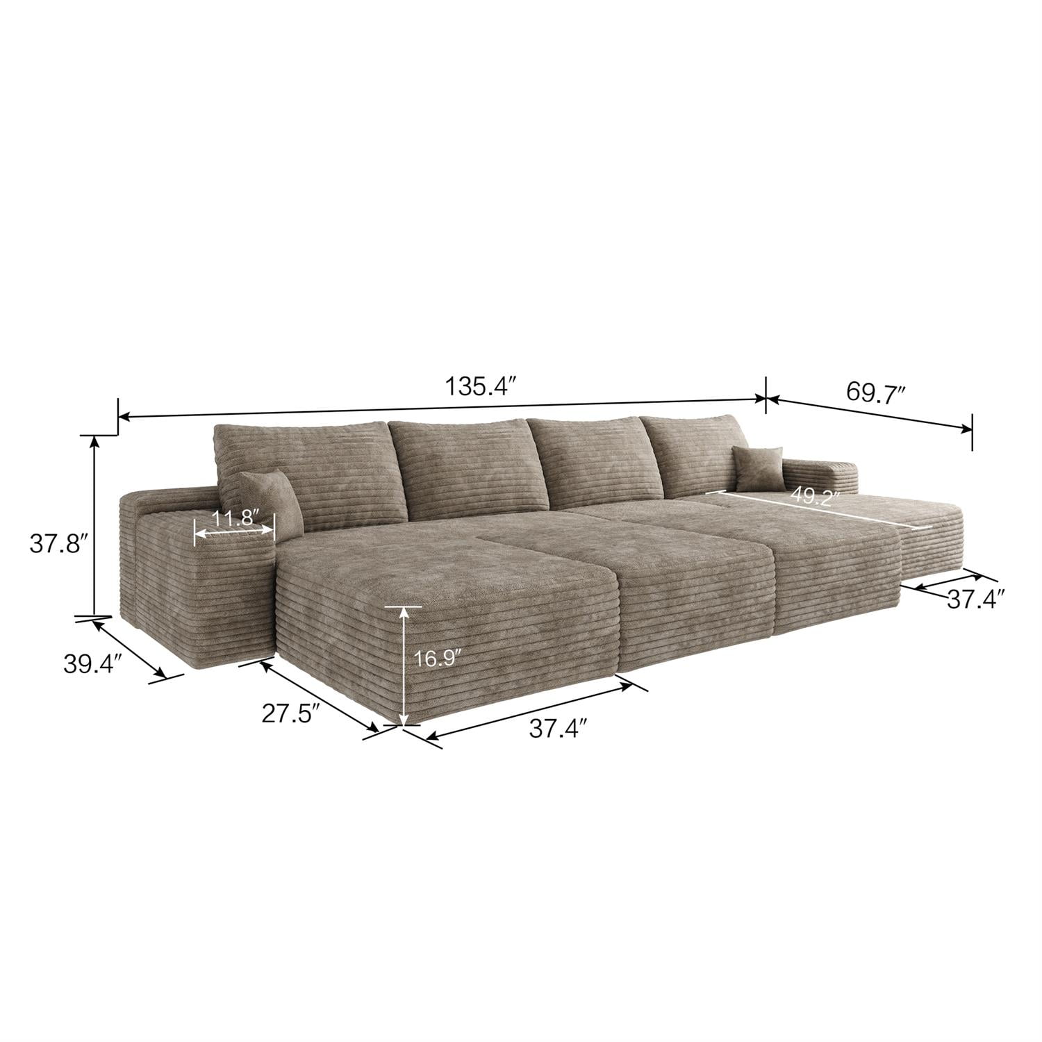 Demi Bonn 135" Spacious Modular Cloud Sofa, Plush Corduroy Fabric, 6 Seats Convertible Sofa Bed for Living Room & Apartment, Down-Filled, No Assembly, Right Chaise Beige