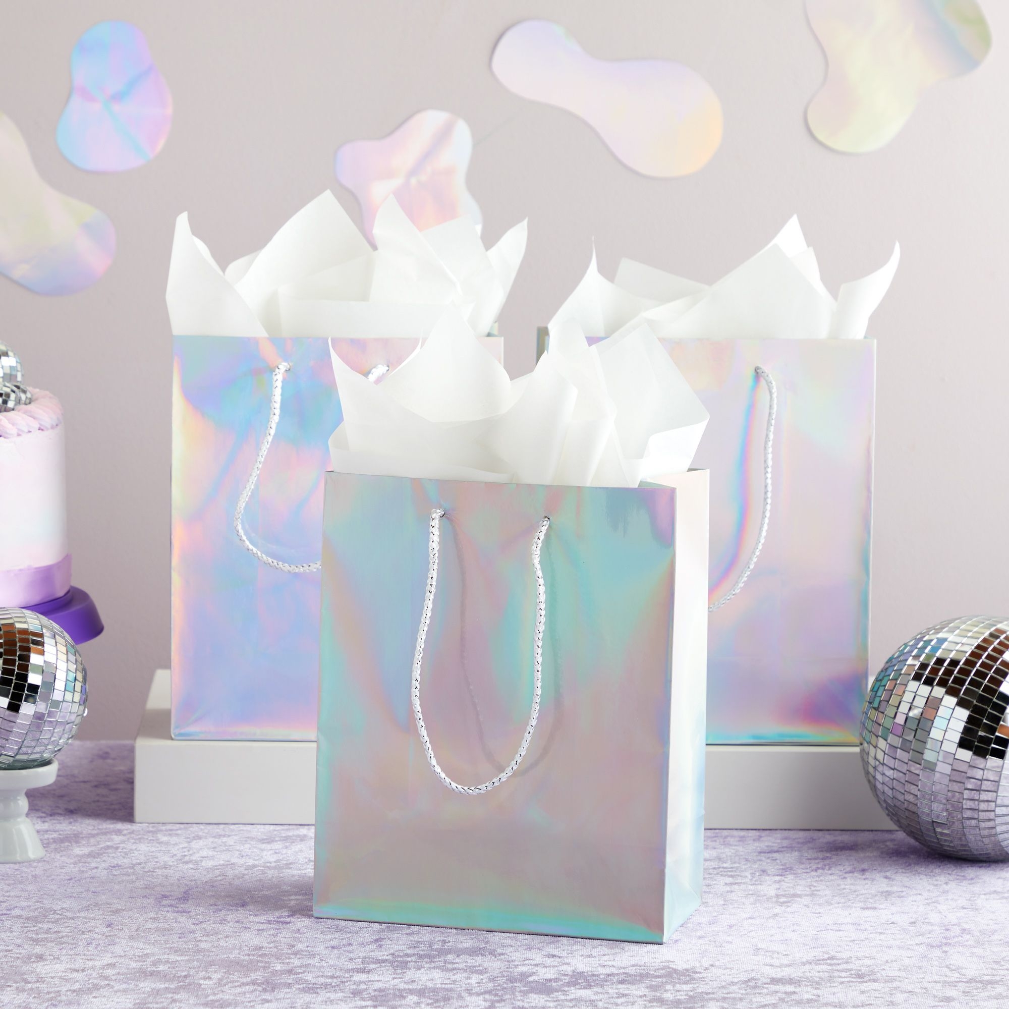 24 Pack Holographic Silver Gift Bags with Handles, 8x4x10 Inch for ...