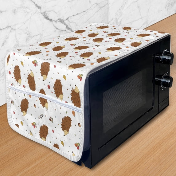 Hedgehog Microwave Oven Cover, Love of Nature Theme Nuts Leaves Mushrooms and Playful Woodland Animal Composition, Water Resistant Organizer with Pockets Kitchen, 36" x 12", Multicolor, by Ambesonne