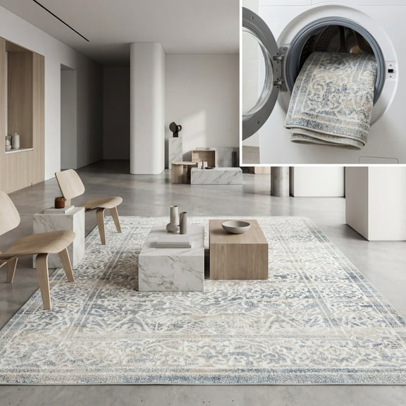 SAFAVIEH Blair Washable Christiana Abstract Machine Washable Area Rug, Ivory/Blue, 9' x 12'