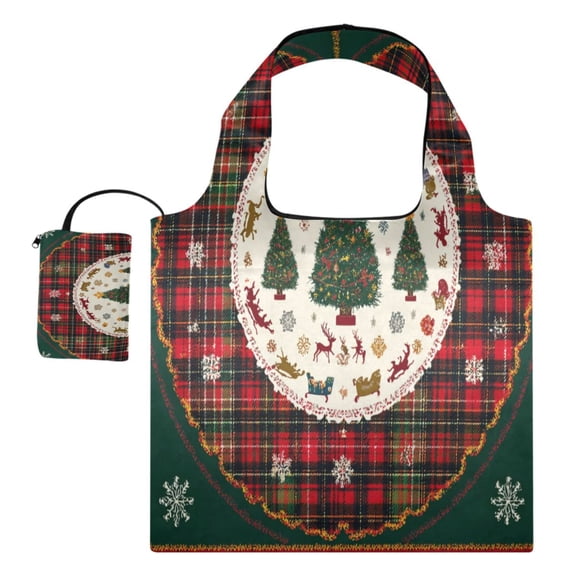 Large Capacity Print Tote Bag,Lightweight Portable Foldable Shopping Bag Red and Green Tartan