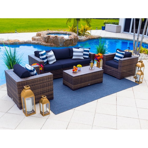 Sorrento 4-Piece L Resin Wicker Outdoor Patio Furniture Conversation Sofa Set in Brown w/Three-seat Sofa, Two Armchairs, and Coffee Table (Flat-Weave Brown Wicker, Sunbrella Canvas Navy)