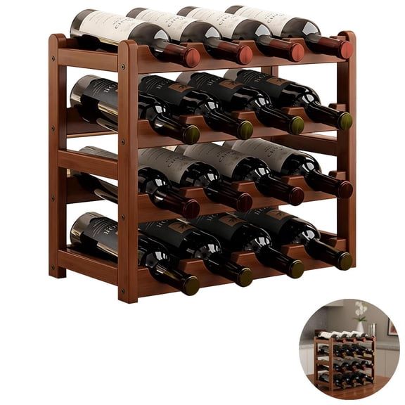 16 Bottle Wine Rack, 4-Tier Wooden Wine Rack, Freestanding Wine Rack Storage Holder, Space-Saving Design, Sturdy & Stable, Brown Finish, 17 x 9.3 x 13.8 in for Home Decor
