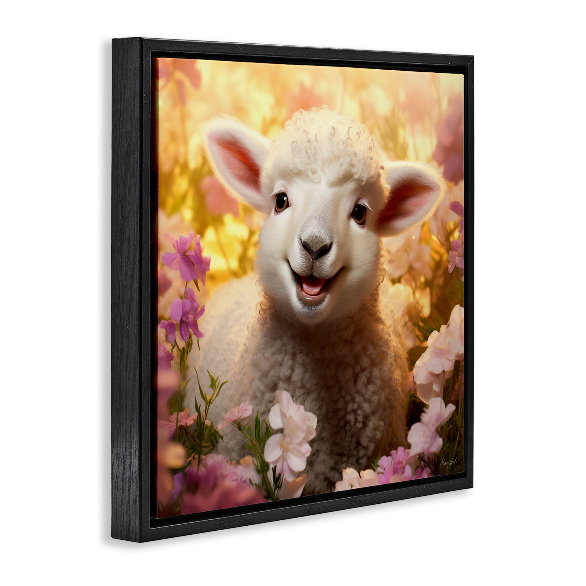 Stupell Industries Lamb in Flower Meadow Animals & Insects Painting Black Floater Framed Canvas Art Print Wall Art, 25 x 25