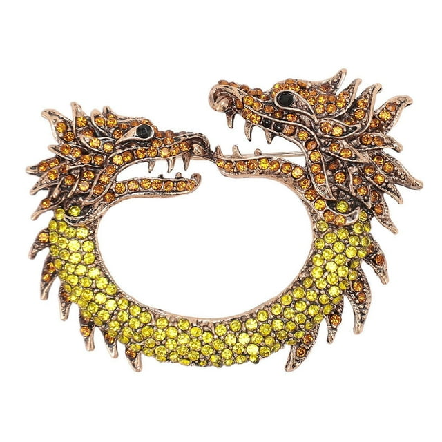 Broche dragon chinois du zodiaque à deux têtes, broche dragon chinois antique scintillante pour hommes et femmes, couleur champagne or