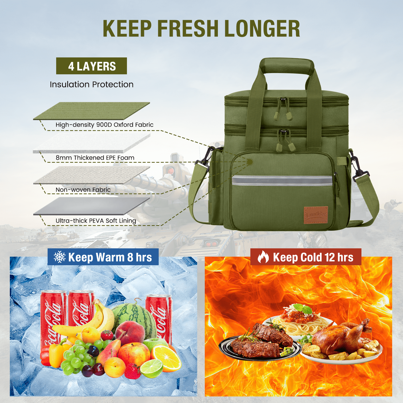 Lunch Bag for Men, 24L Expandable Insulated Lunch Box with Side Pockets, Double Deck Leakproof Cooler Tote Bag with Adjustable Shoulder Strap, 24 Can, Suit for Office/Picnic/Camping/Beach, Green