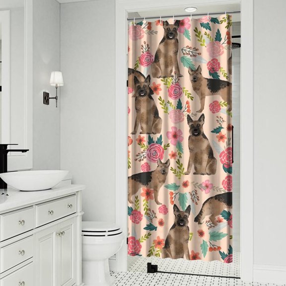 German Shepherd with Flowers Shower Curtain 36x72in ,Bathroom Decorative Shower Curtains Set with 12 Hooks,Modern Waterproof Washable Shower Curtain