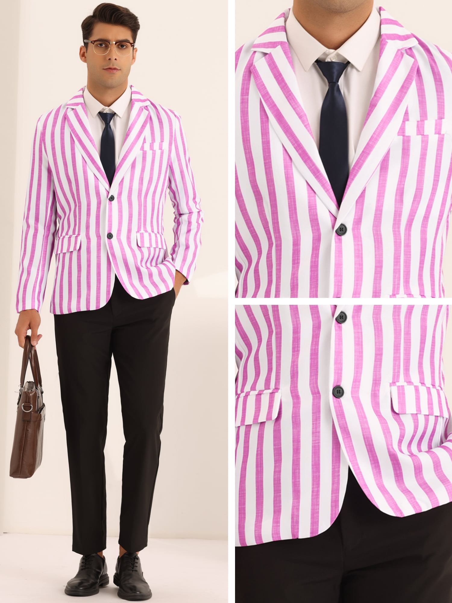 Unique Bargains Men's Sports Coat Notch Lapel Color Block Stripes Pattern Blazer M Pink