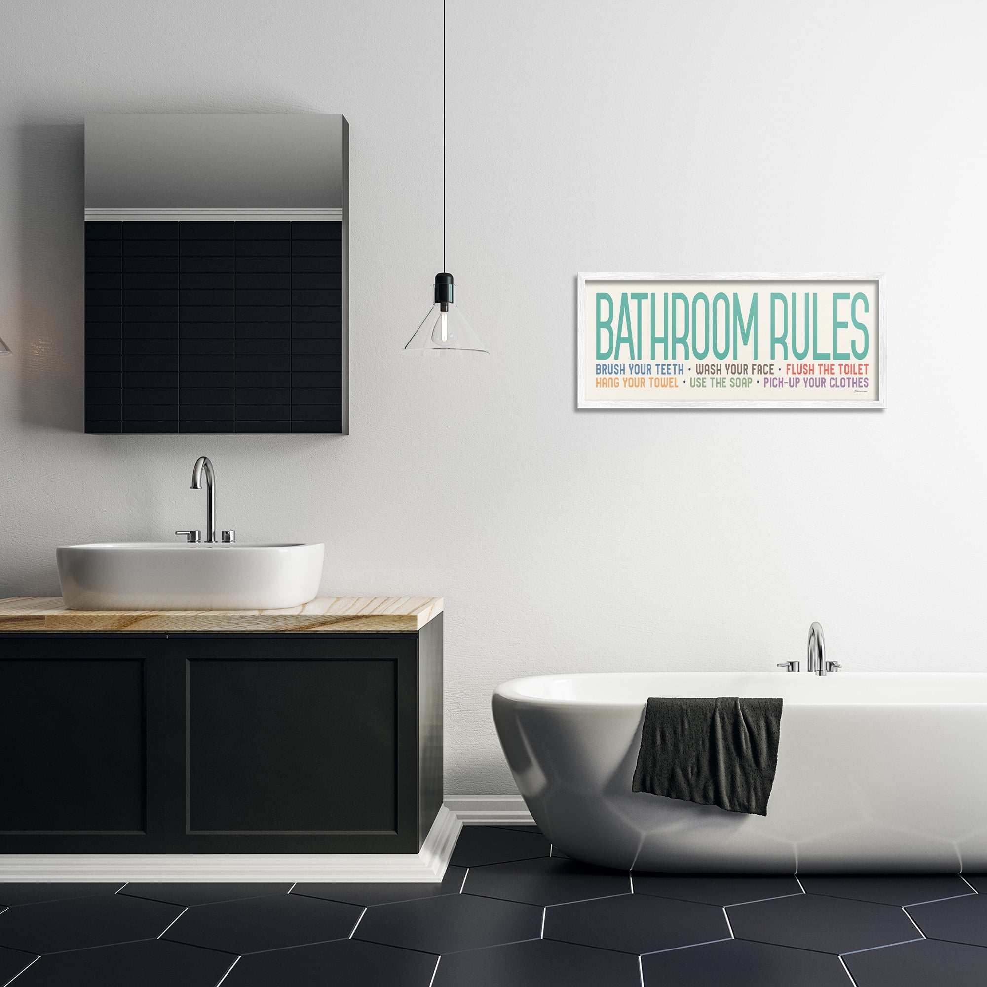 Stupell Industries Bathroom Rules with Teal Text Abstract Painting White Framed Art Print Wall Art, 30 x 13