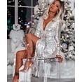 thumbnail image 4 of Deep V-neck Shiny Lace-up Long-sleeved Sexy Split Fringe Dress, 4 of 5