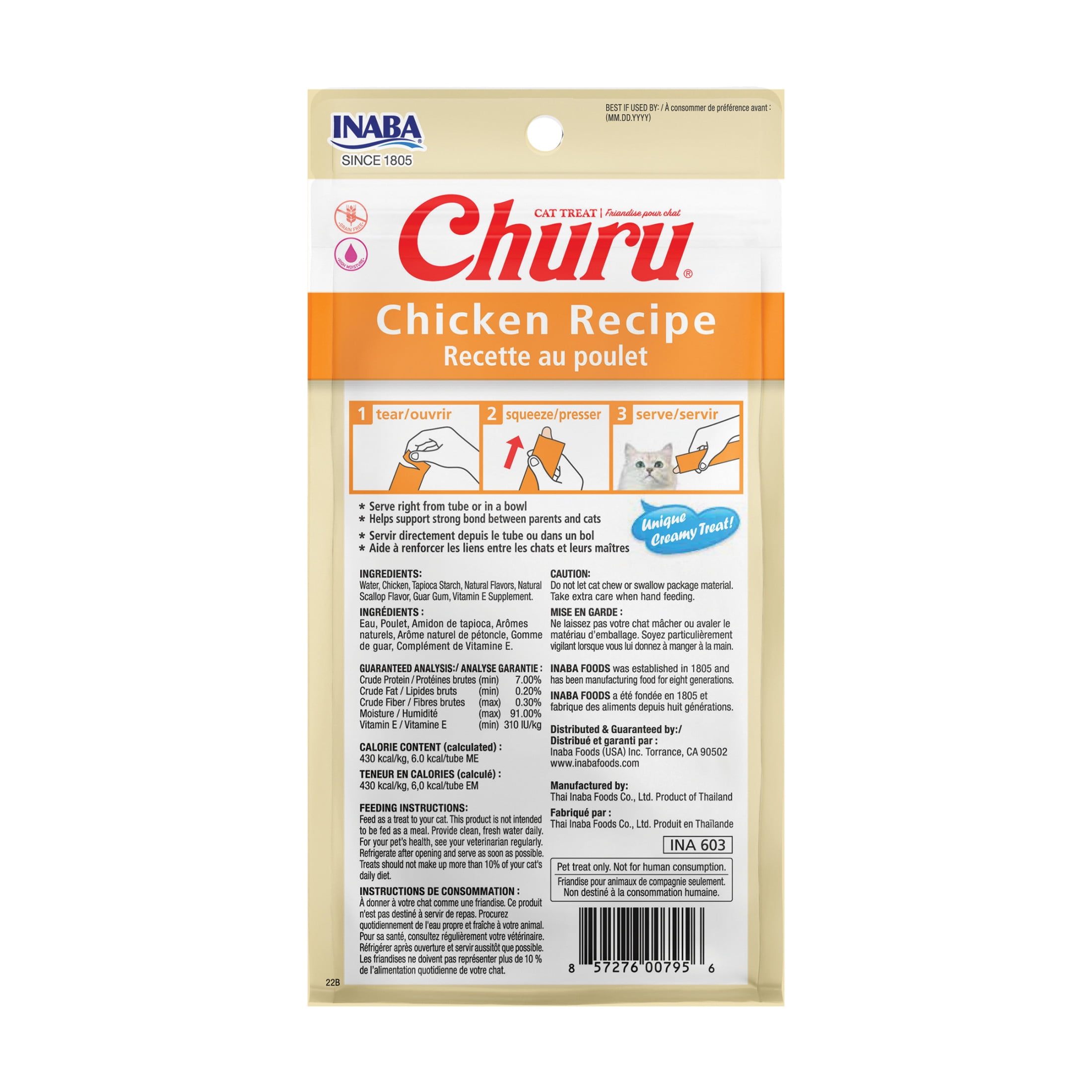 INABA Churu Cat Treats, Creamy Lickable Purée Cat Treat/Topper with Vitamin E, 0.5 Ounces Each Tube, 4 Tubes, Chicken Recipe