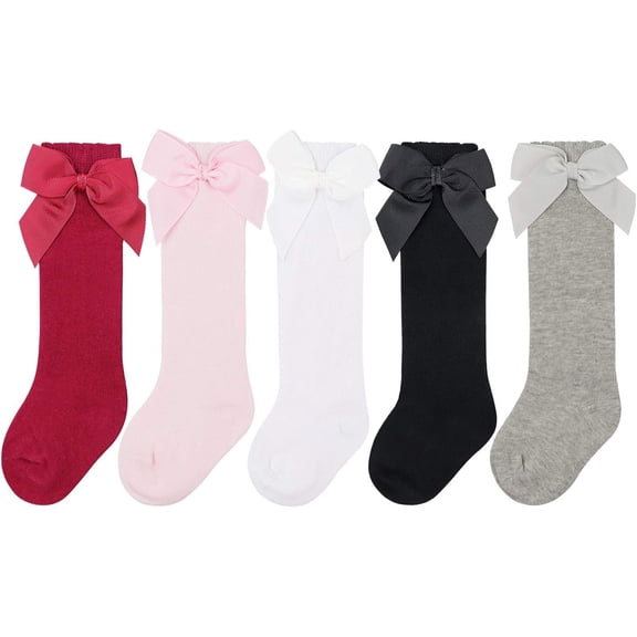 5 Pack Baby Girl Knee High Socks Toddler Dress Socks Baby Bow Stocking Cotton Infant Socks