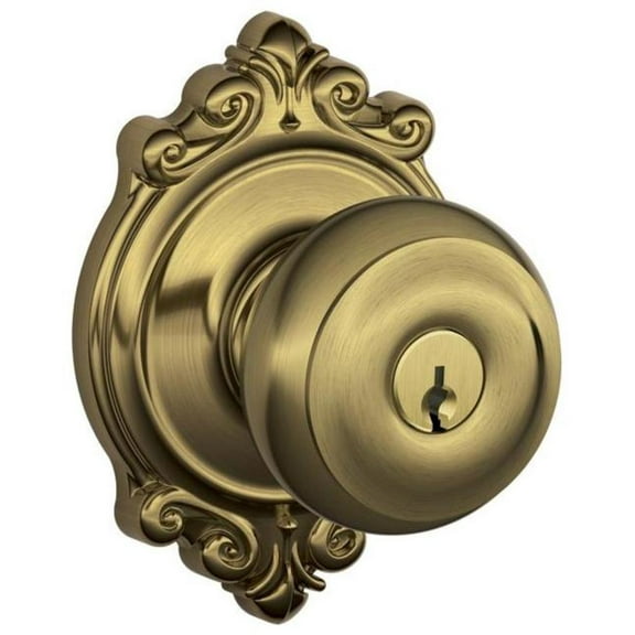 Schlage F51-Geo-Brk Georgian Keyed Entry Door Knob Set - Brass