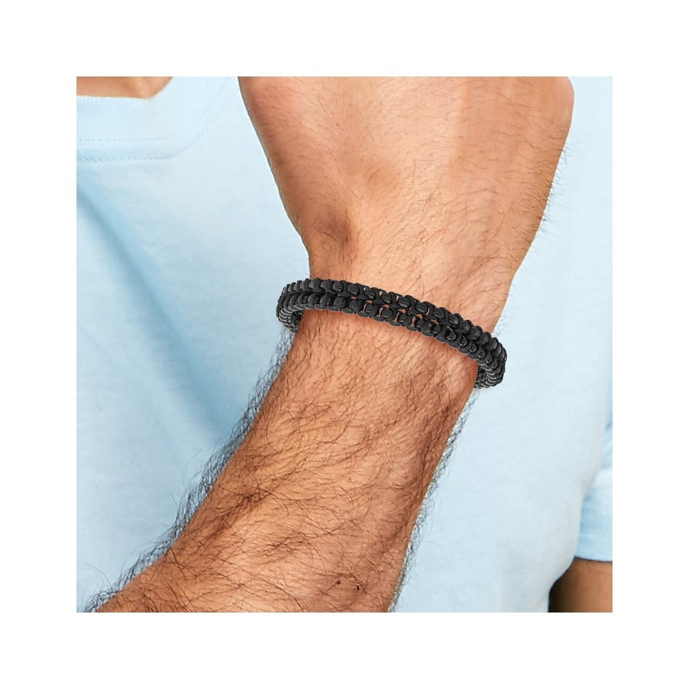 Diamond2Deal Stainless Steel Black IP-Plated with Black Cotton Bracelet for Men with .5 In Ext 8.5"