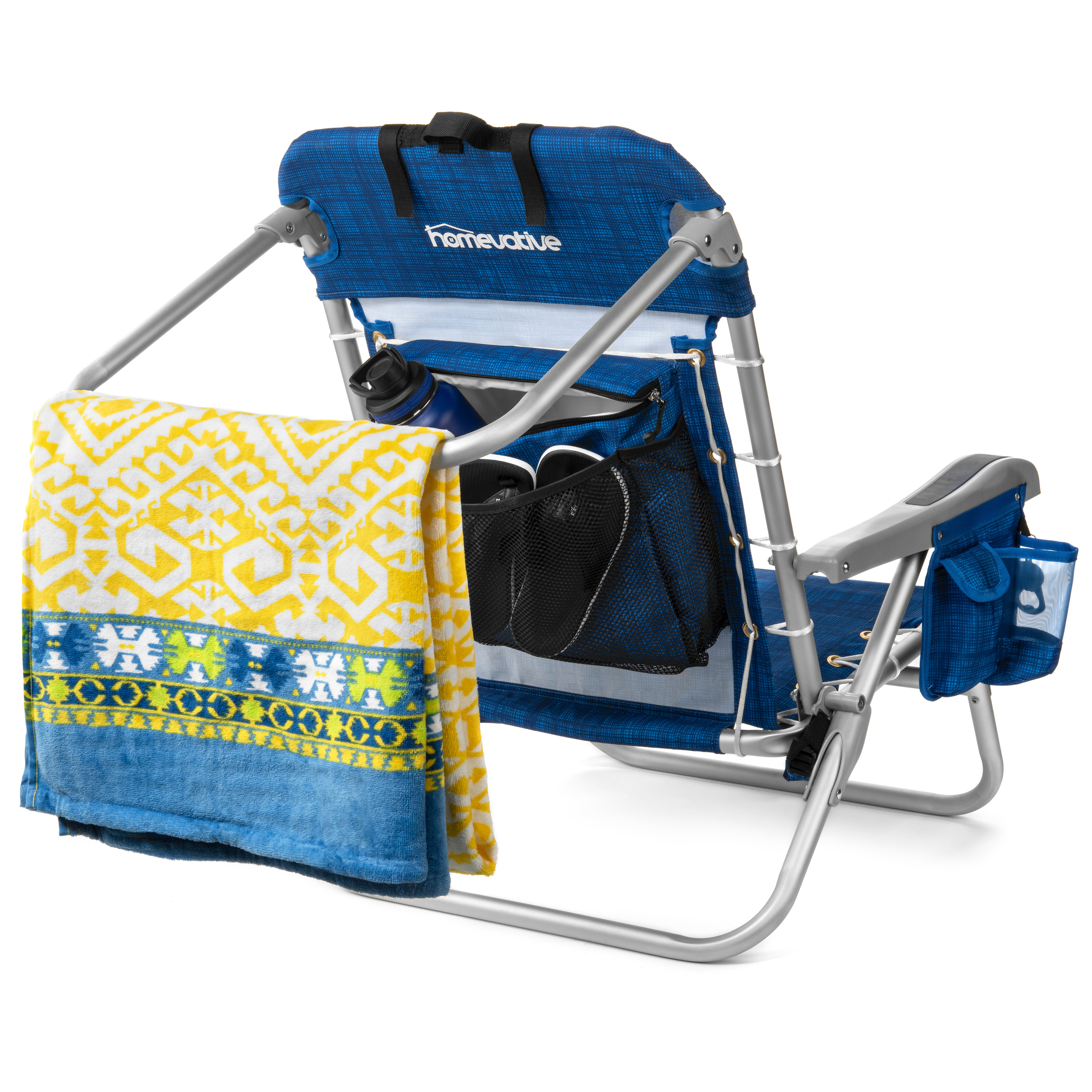Homevative Cooler+ Folding Backpack Beach Chair with Positions, Towel bar,  XL Cooler Pouch, Storage Net, Cup and Phone
