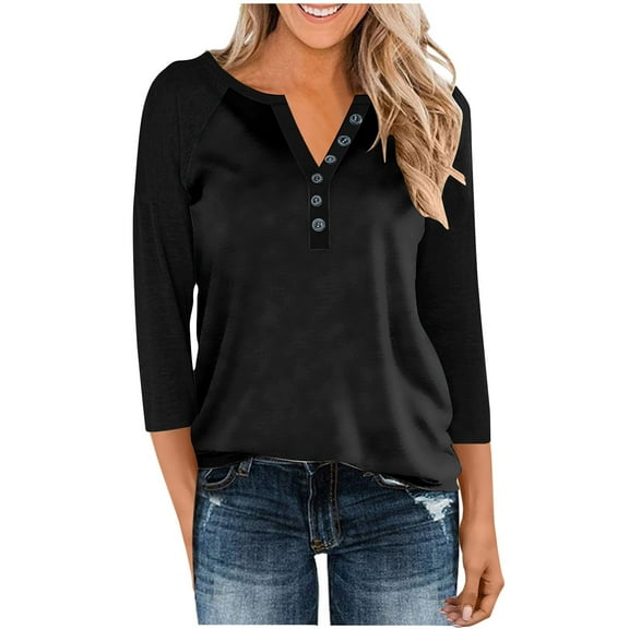 3/4 Length Sleeve Blouses for Womens Fall Tops Cotton Dressy Button V Neck Henley Shirt Casual Raglan Shirts Solid Color Tunic Top Pullover #01 Black 3XL