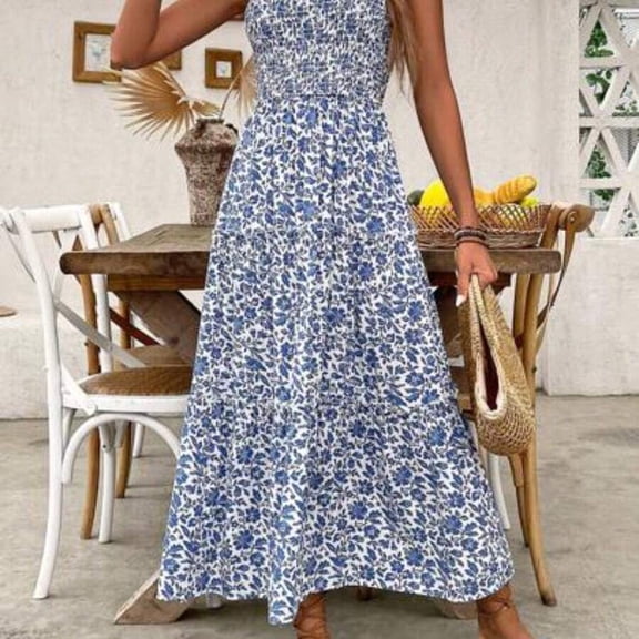 Womens Blue And White Ditsy Floral Spaghetti Strap Maxi Vacation Dress