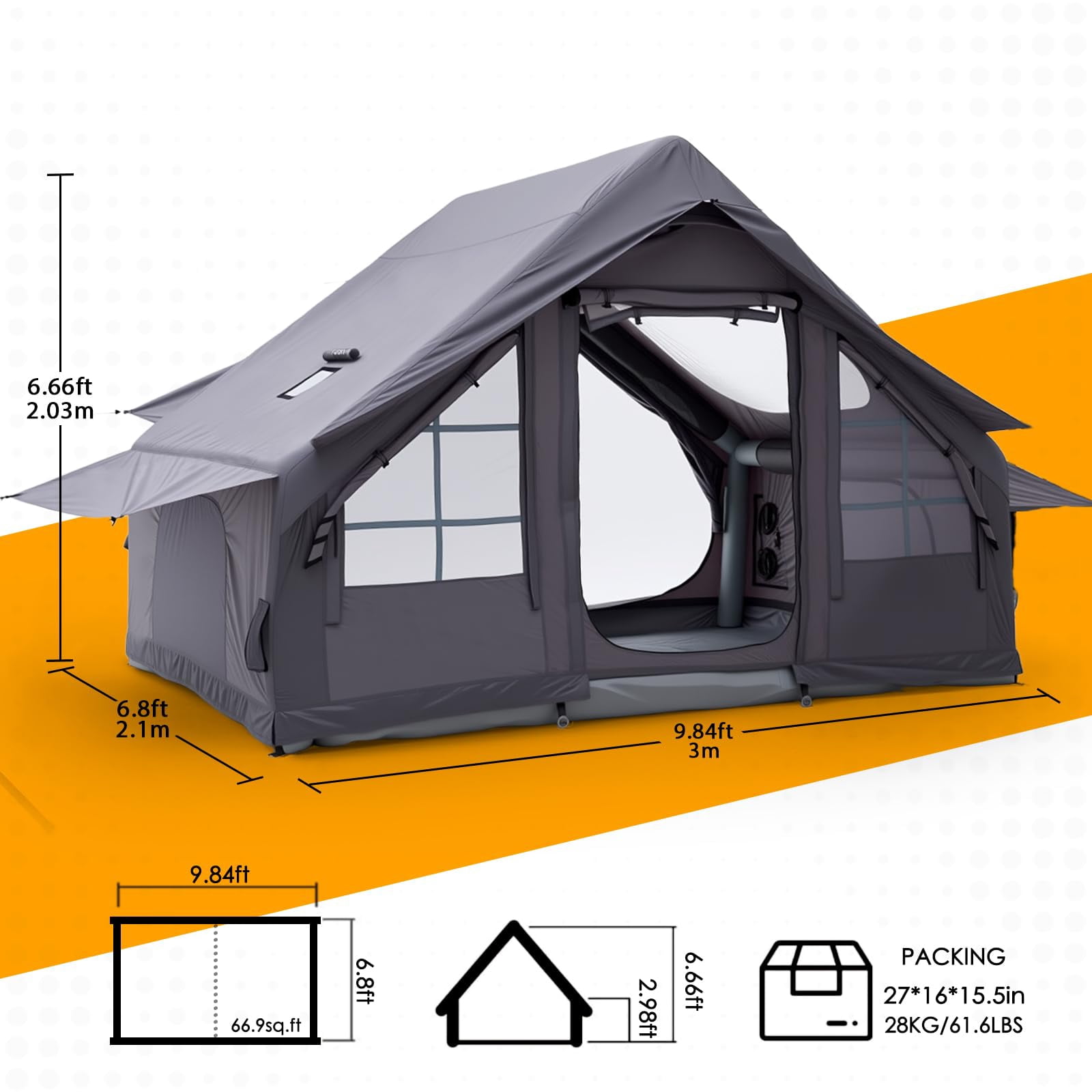 Inflatable Camping Tent With Electric Air Pump - 420d Heavy Duty Oxford 5 Min Auto-inflation Panoramic Stargazing Skylight 4 Season Luxury Glamping Cabin  4-10 Person Multiple Sizes