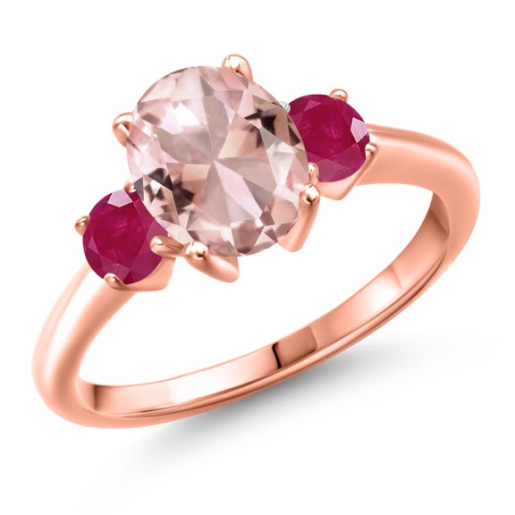 Gem Stone King 18K Rose Gold Plated Silver Peach Nano Morganite and Red Ruby Engagement Ring for Women | 2.70 Cttw | Oval 9X7MM | Gemstone October Birthstone | Size 5