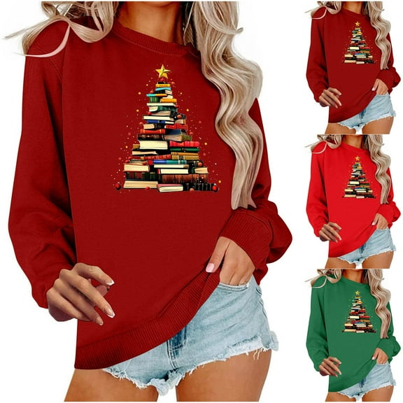 Jsaierl Women's Christmas Fleece Sweatshirts Funny Christmas Print Sweatshirt Work Pullover Sweater Tops Round Neck Dressy Casual Long Sleeve Shirts Christmas Gifts
