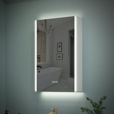 WELLFOR 20"x30" LED Mirrored Bathroom Cabinet, Mirror Medicine Cabinet with Lights, Defogger, Dimmable, Memory function, Outlets & USB, Surface Mounted Only, Left Opening Door